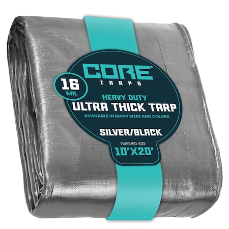 Core Tarps Heavy Duty Tarp, 20 ft L x 0.5 mm H x 10 ft W, 16 Mil, Silver/Black, Polyethylene CT-301-10X20